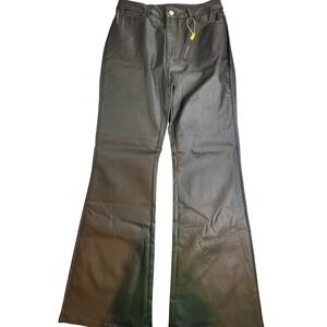 Gilipur Womens Black Faux Leather Flare Pants High Waisted Coated Trousers L NWT